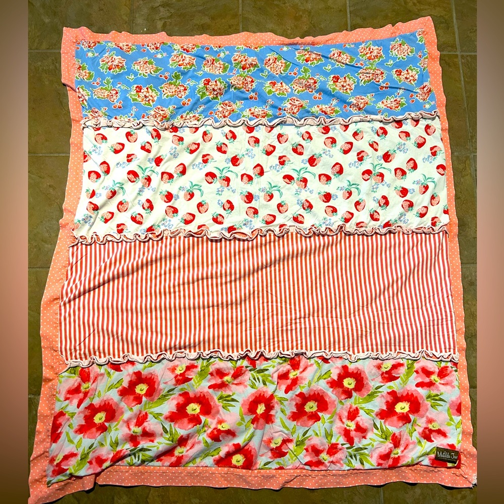 Matilda Jane Happy & Free Strawberry Fields Throw Blanket Coral & Blue 55”x 46”